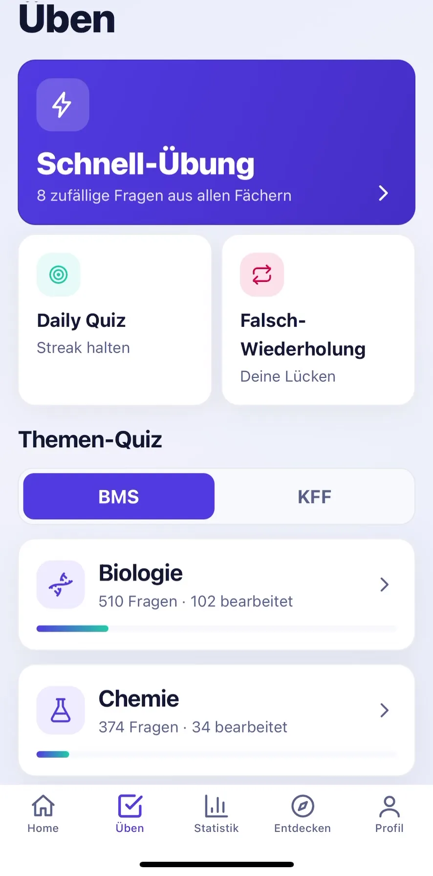 MedAce-App: Übungsbereich mit Schnell-Übung, Daily Quiz und Themen-Quiz