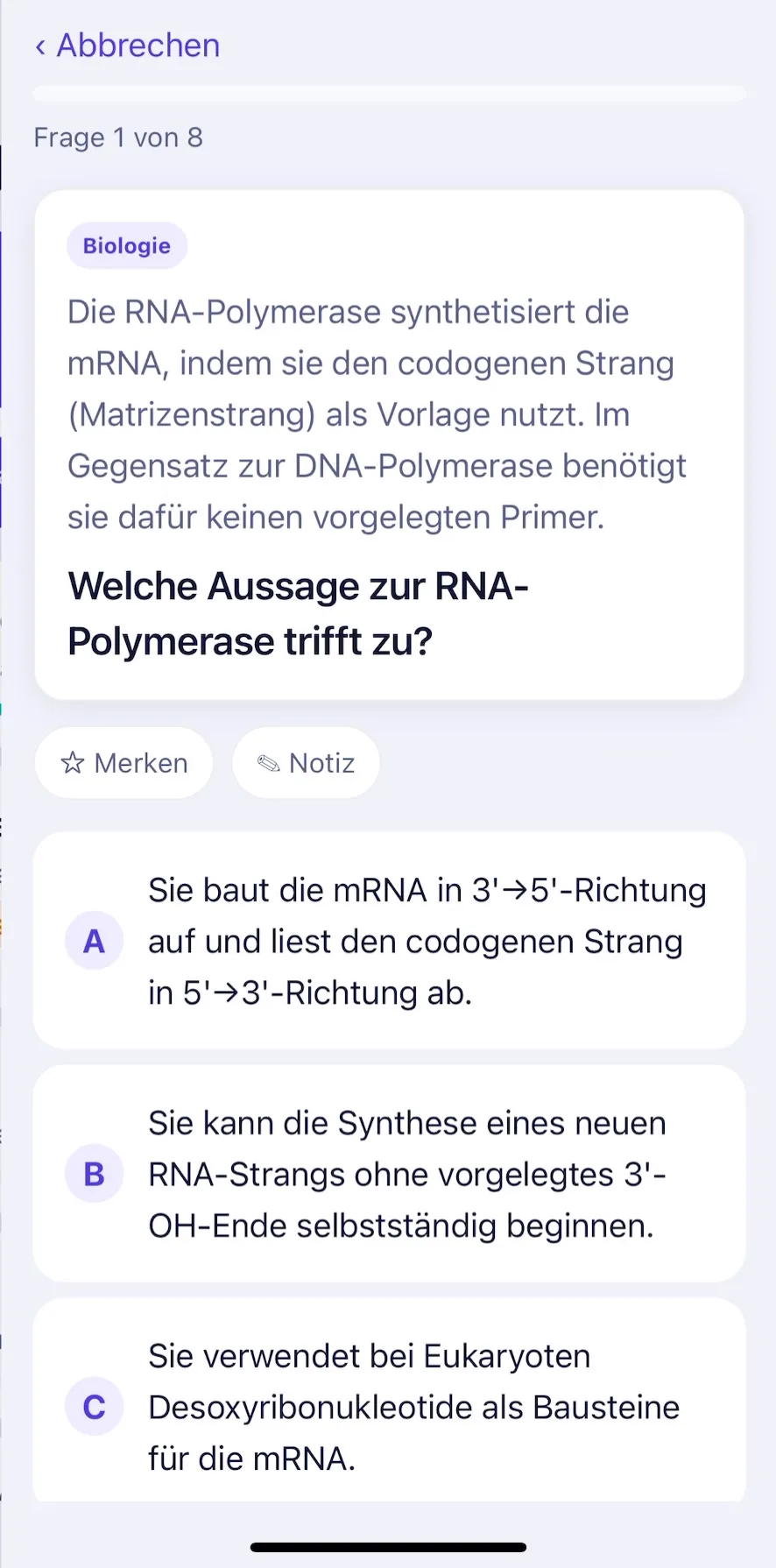 MedAce-App: Übungsfrage zur RNA-Polymerase mit fünf Antwortmöglichkeiten